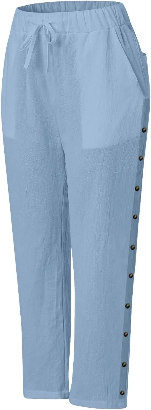 Linen Capris for Women Elastic Waisted Drawstring Capri Pants with Pockets Side Button Casual Summer Cropped Pants