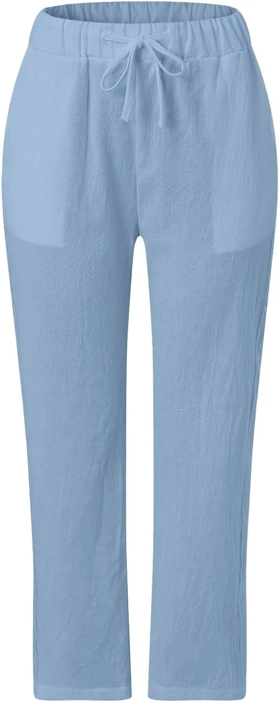 Linen Capris for Women Elastic Waisted Drawstring Capri Pants with Pockets Side Button Casual Summer Cropped Pants