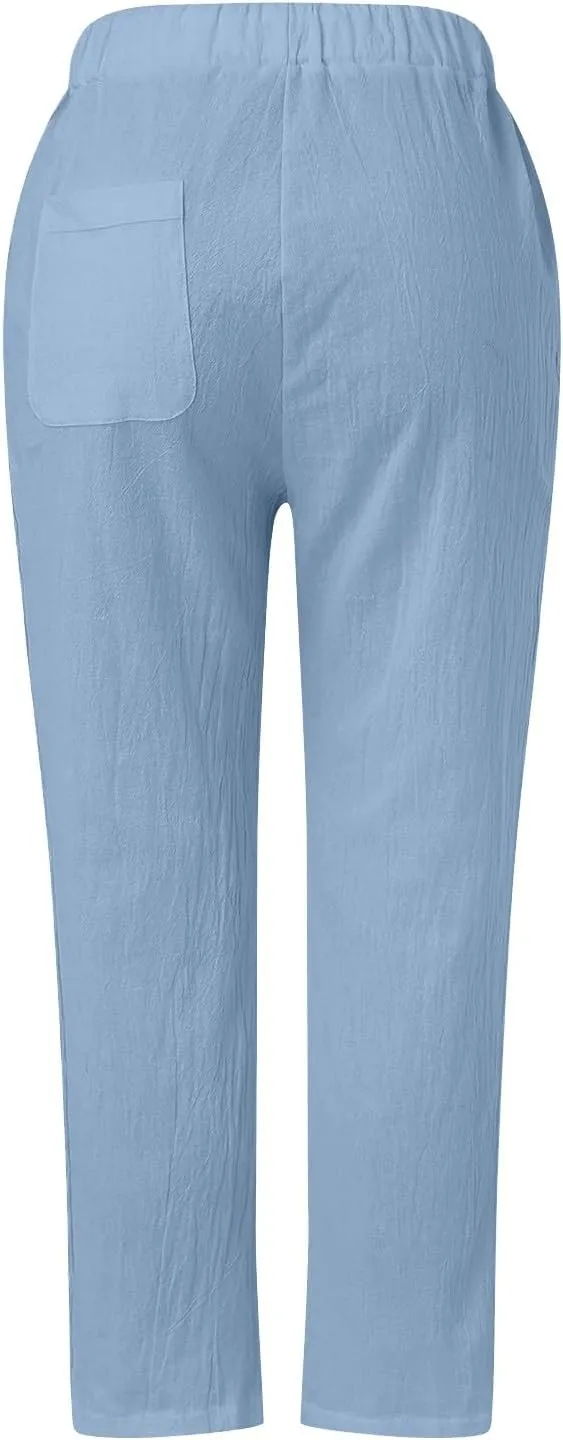 Linen Capris for Women Elastic Waisted Drawstring Capri Pants with Pockets Side Button Casual Summer Cropped Pants