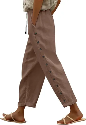 Linen Capris for Women Elastic Waisted Drawstring Capri Pants with Pockets Side Button Casual Summer Cropped Pants