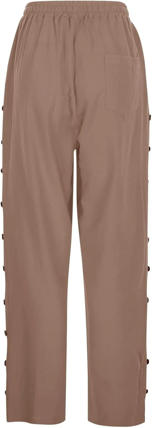 Linen Capris for Women Elastic Waisted Drawstring Capri Pants with Pockets Side Button Casual Summer Cropped Pants