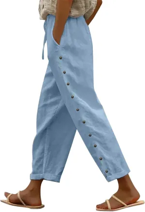 Linen Capris for Women Elastic Waisted Drawstring Capri Pants with Pockets Side Button Casual Summer Cropped Pants