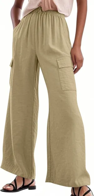 Linen Cargo Pants Women Lightweight Comfy Business Casual Work Pants Baggy Elastic Waist Office Trousers with Pockets