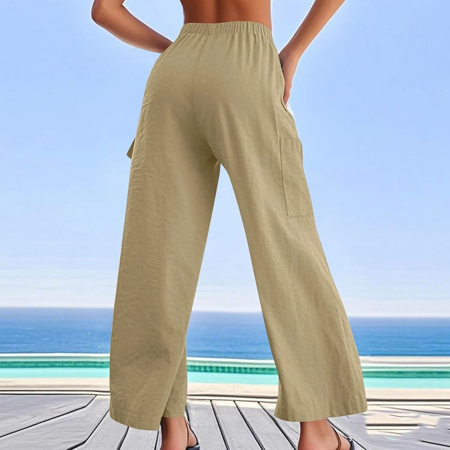Linen Cargo Pants Women Lightweight Comfy Business Casual Work Pants Baggy Elastic Waist Office Trousers with Pockets