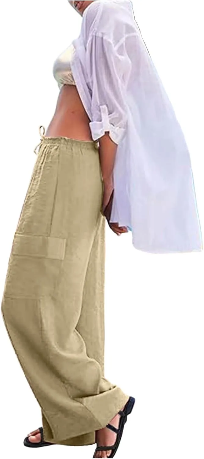 Linen Cargo Pants Women Lightweight Comfy Business Casual Work Pants Baggy Elastic Waist Office Trousers with Pockets