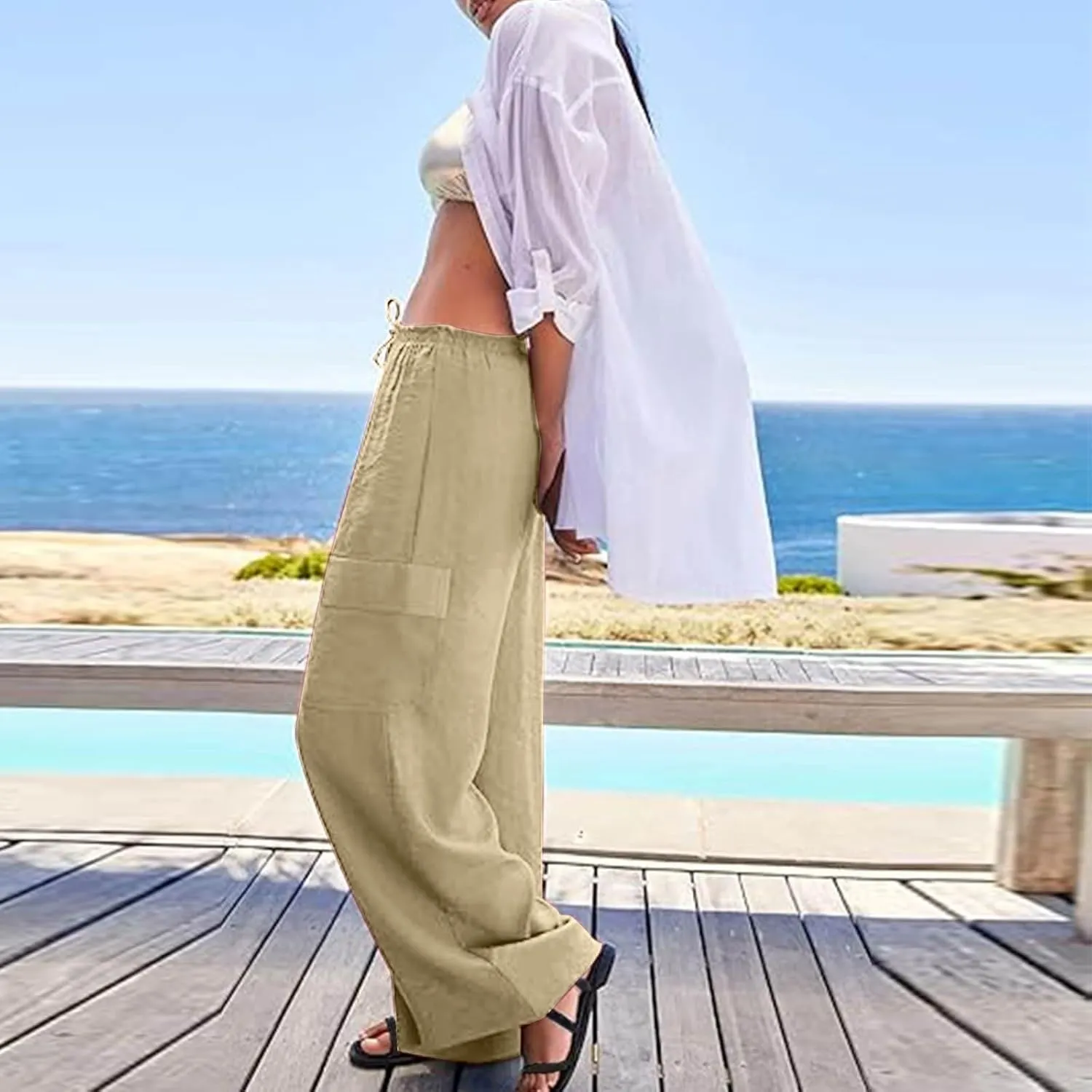Linen Cargo Pants Women Lightweight Comfy Business Casual Work Pants Baggy Elastic Waist Office Trousers with Pockets