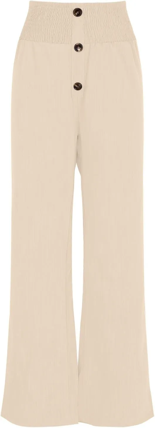 Linen Cotton Pants Women Wide Leg Pant Elastic High Waisted Straight Leg Flowy Casual Work Summer Trousers with Pocket