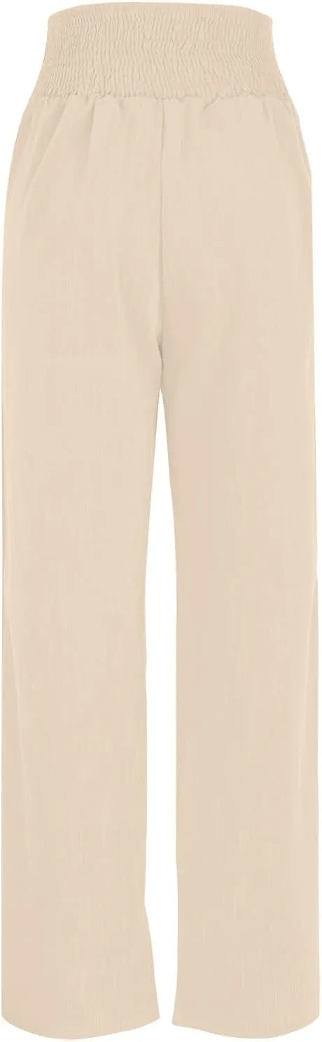 Linen Cotton Pants Women Wide Leg Pant Elastic High Waisted Straight Leg Flowy Casual Work Summer Trousers with Pocket