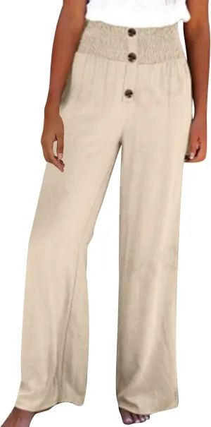 Linen Cotton Pants Women Wide Leg Pant Elastic High Waisted Straight Leg Flowy Casual Work Summer Trousers with Pocket