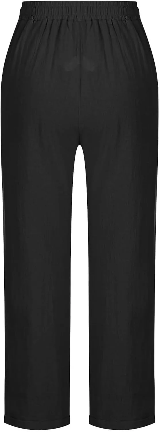 Linen Pants for Women 2025 Summer Casual Straight Loose High Waisted Drawstring Elastic Pant Daily Beach Trouser