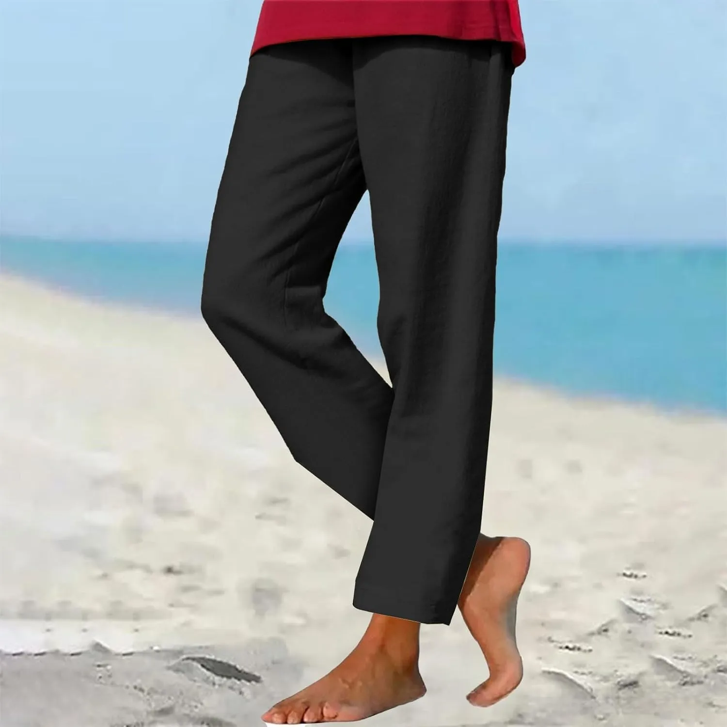 Linen Pants for Women 2025 Summer Casual Straight Loose High Waisted Drawstring Elastic Pant Daily Beach Trouser
