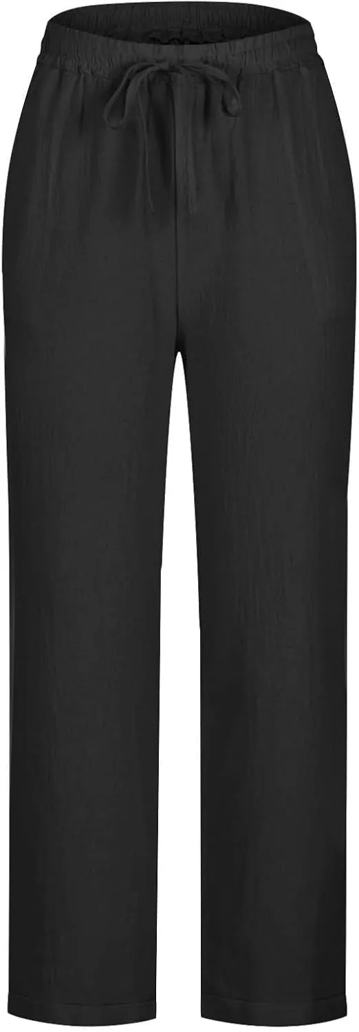Linen Pants for Women 2025 Summer Casual Straight Loose High Waisted Drawstring Elastic Pant Daily Beach Trouser