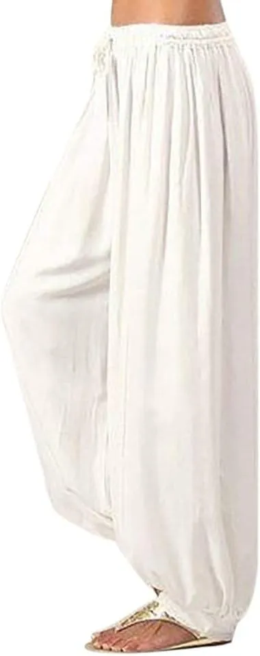 Linen Pants for Women Casual Baggy Baggy Waist Harem Pants with Pockets Solid Sweatpants Palazzo Pants for Women