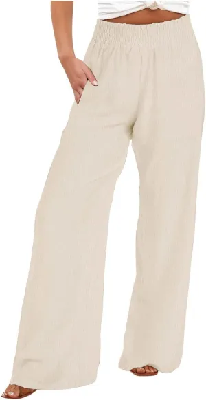 Linen Pants for Women Palazzo Wide Leg Elastic High Waisted Straight Wide Pant with Pockets Flared Trousers 2025
