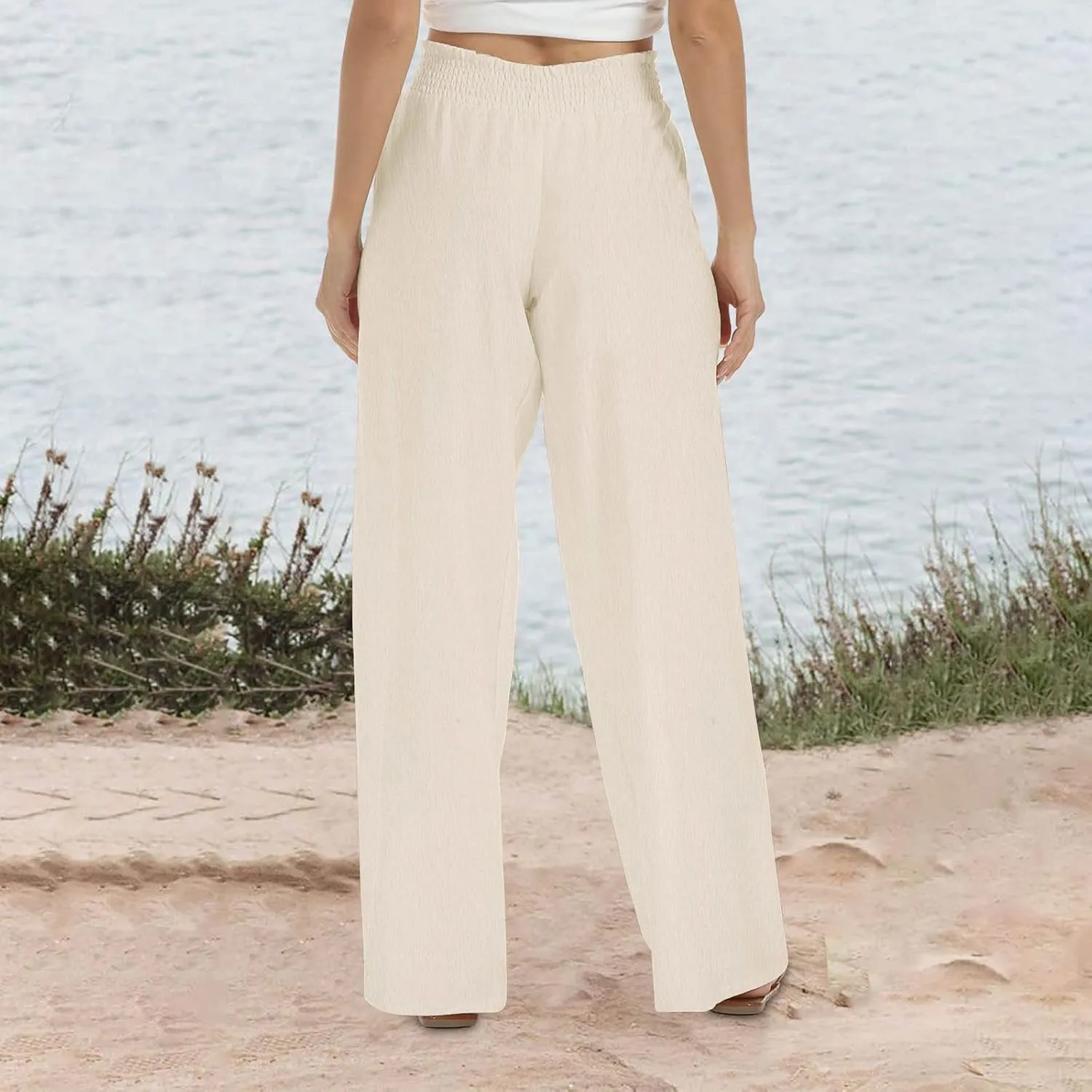 Linen Pants for Women Palazzo Wide Leg Elastic High Waisted Straight Wide Pant with Pockets Flared Trousers 2025