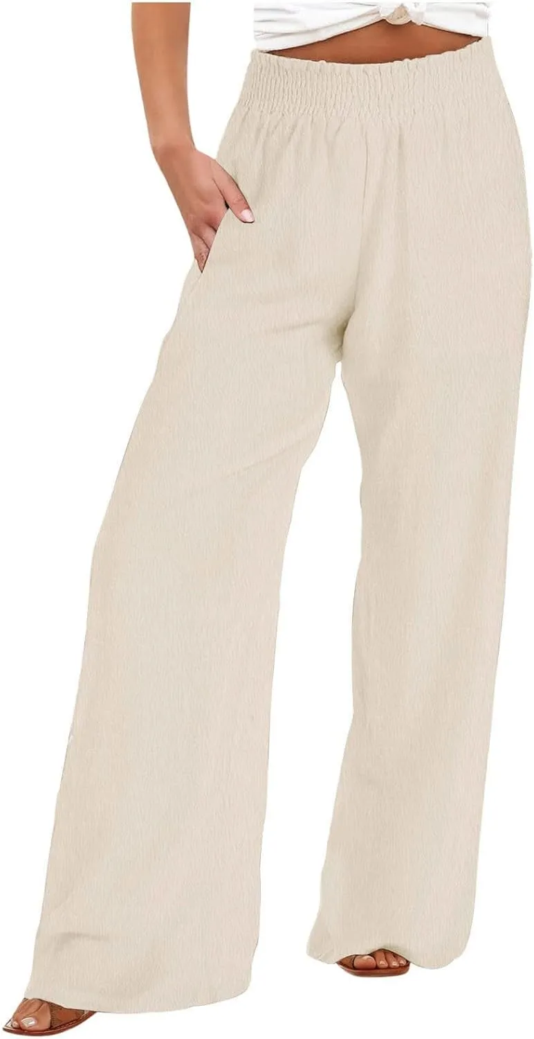 Linen Pants for Women Palazzo Wide Leg Elastic High Waisted Straight Wide Pant with Pockets Flared Trousers 2025