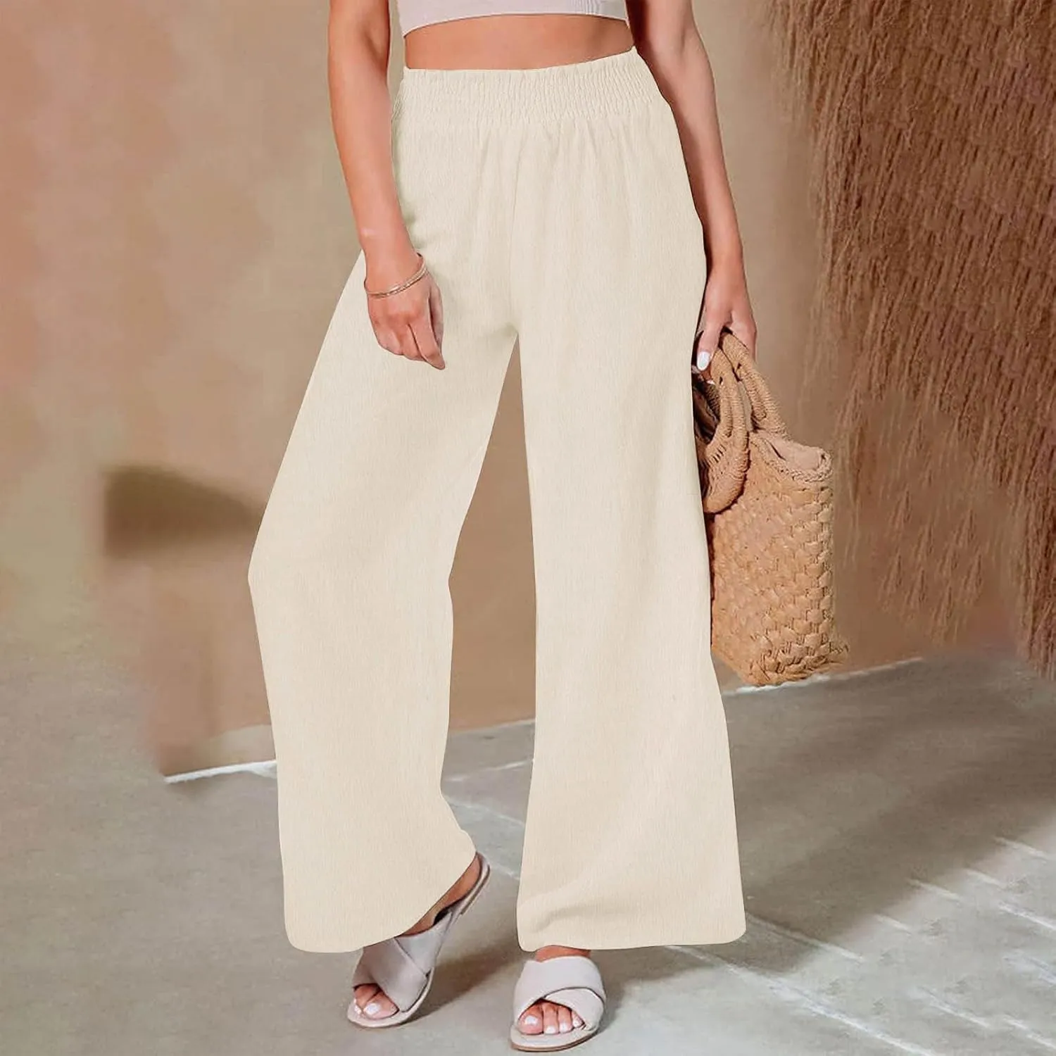 Linen Pants for Women Palazzo Wide Leg Elastic High Waisted Straight Wide Pant with Pockets Flared Trousers 2025