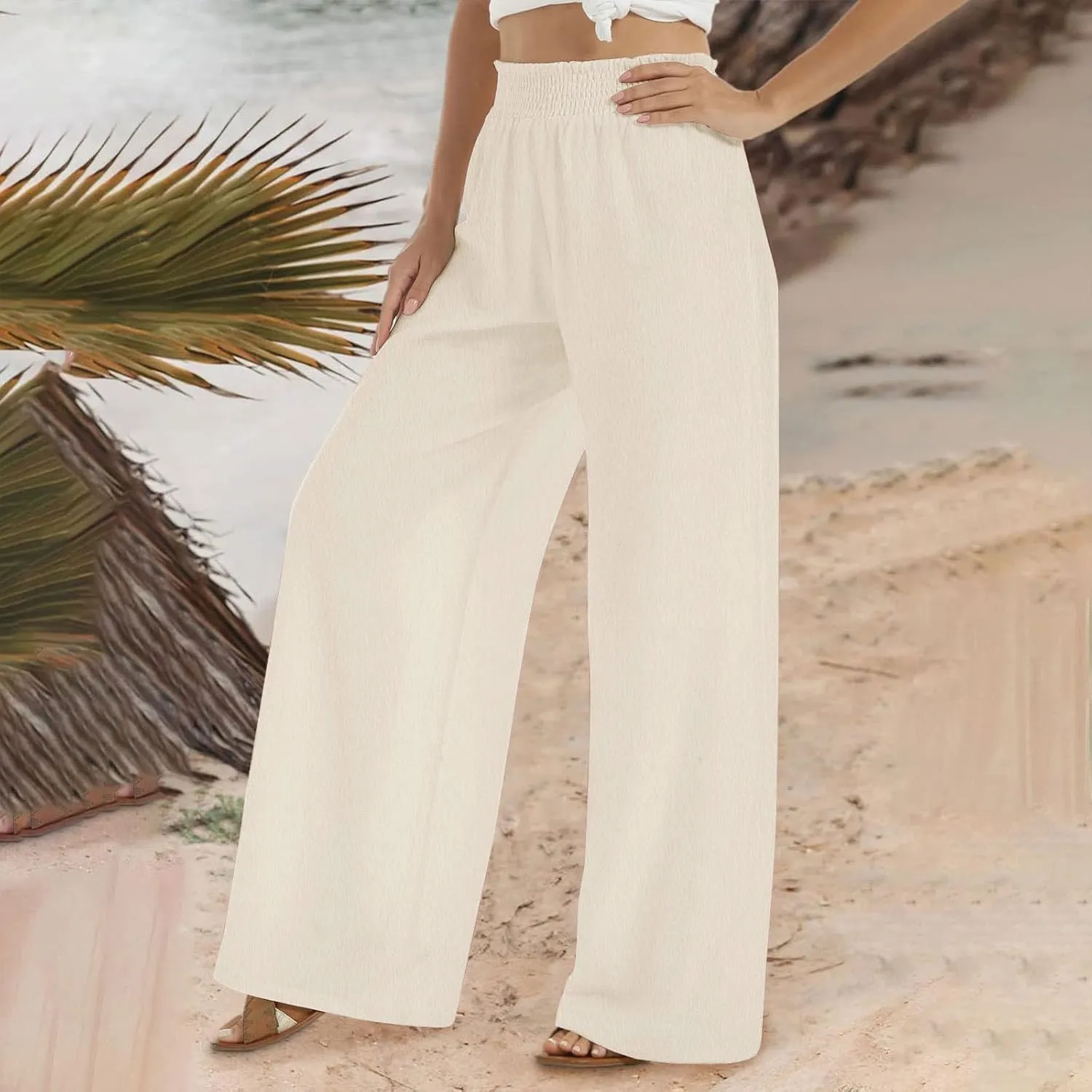 Linen Pants for Women Palazzo Wide Leg Elastic High Waisted Straight Wide Pant with Pockets Flared Trousers 2025