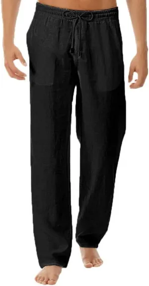 Linen Pants Men Summer Beach Slacks Casual Basic Plain Straight Leg Trousers Open Bottom Vacation Drawstring Pants