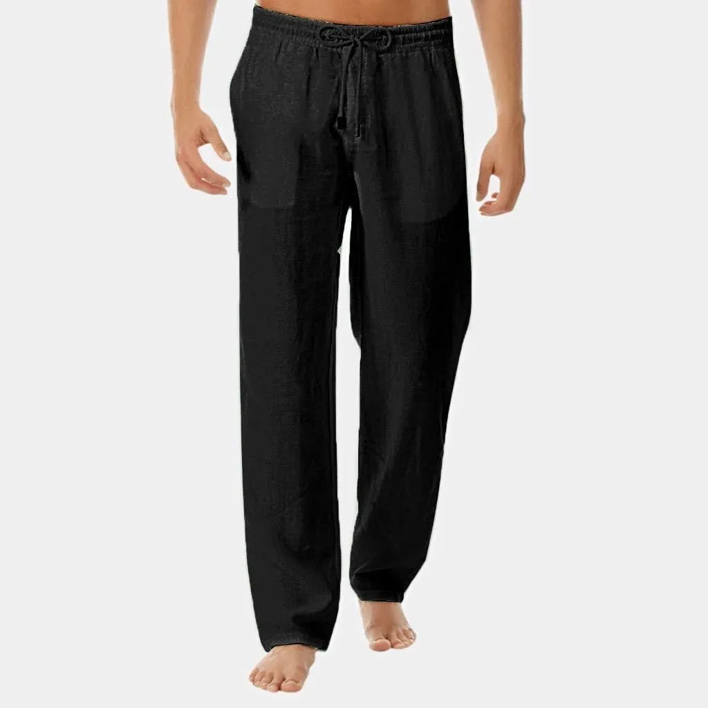 Linen Pants Men Summer Beach Slacks Casual Basic Plain Straight Leg Trousers Open Bottom Vacation Drawstring Pants