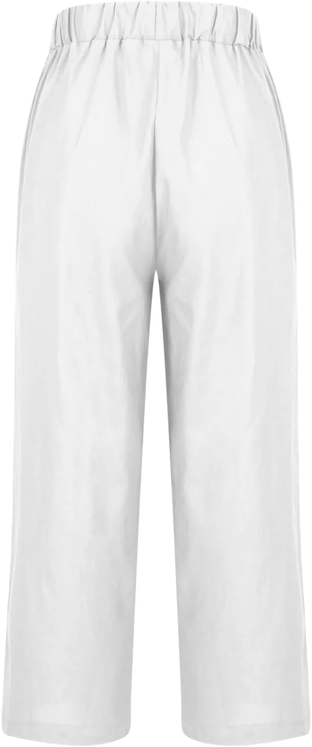 Linen Pants Women 2024 Summer High Waisted Cropped Lounge Pants Comty Causal Solid Trousers with Pockets