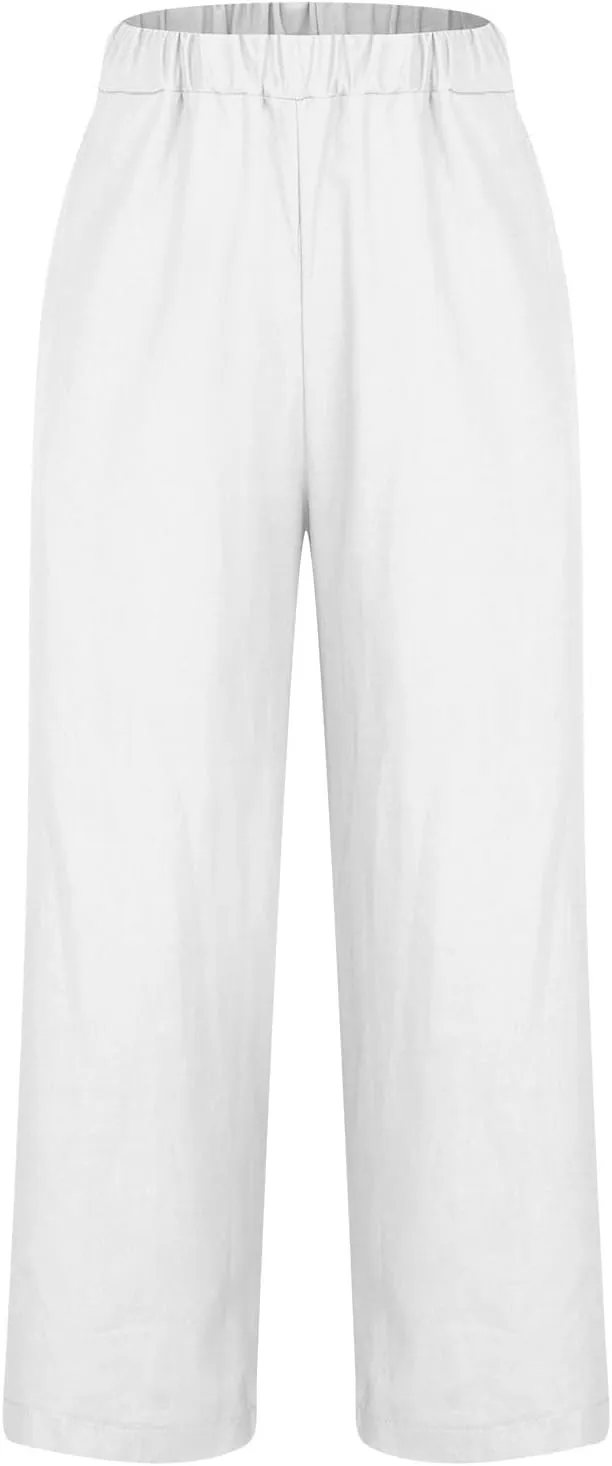 Linen Pants Women 2024 Summer High Waisted Cropped Lounge Pants Comty Causal Solid Trousers with Pockets