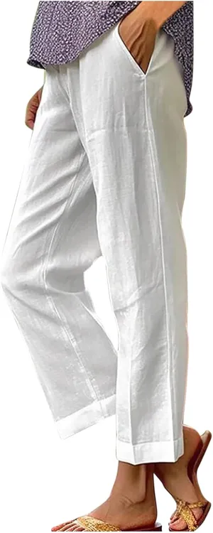 Linen Pants Women 2024 Summer High Waisted Cropped Lounge Pants Comty Causal Solid Trousers with Pockets