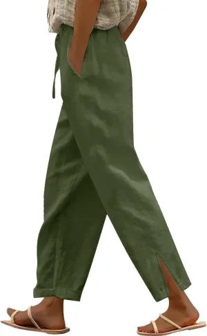 Linen Pants Women High Waisted Elastic Drawstring Beach Pants Casual Loose Lightweight Wide Leg Trousers with Pockets