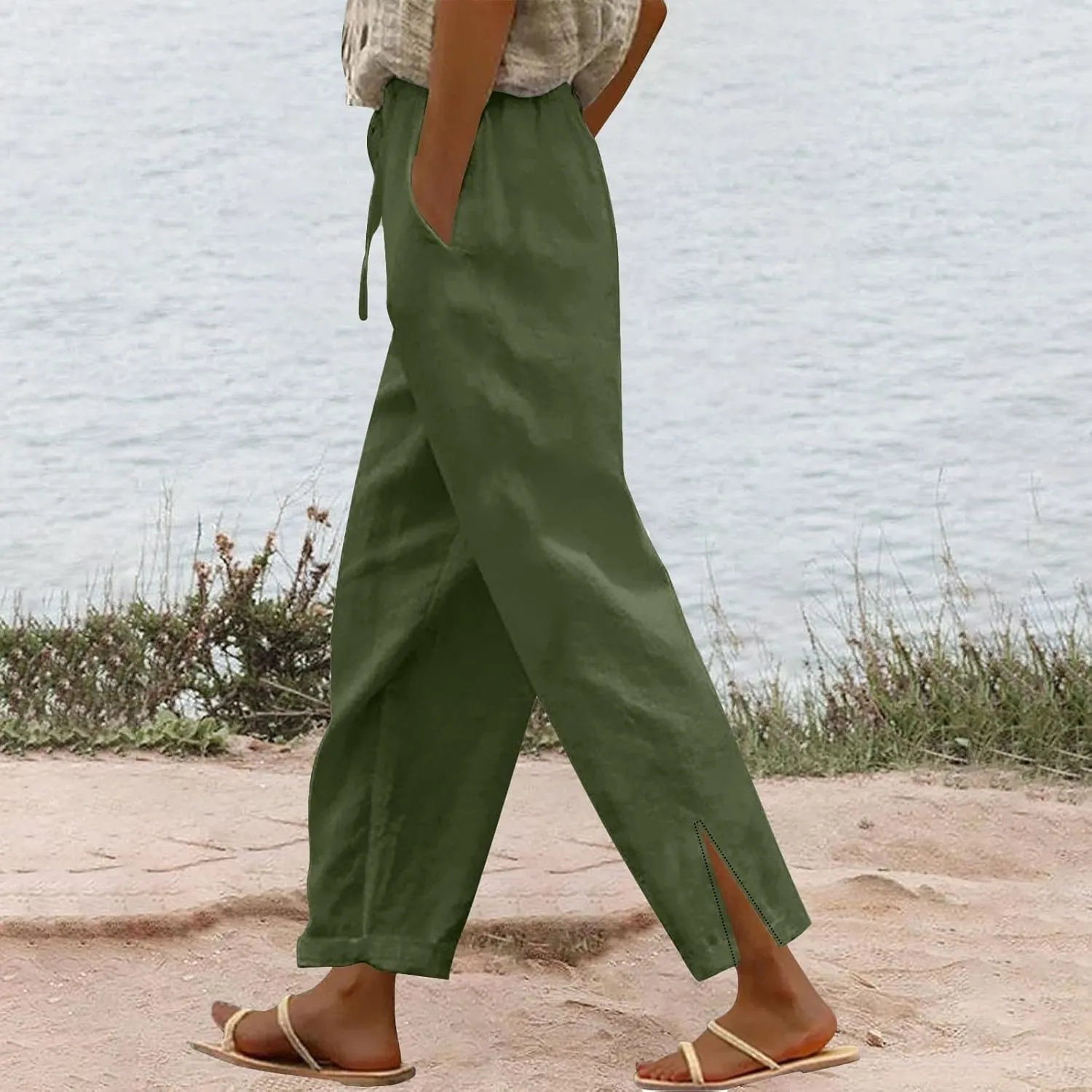Linen Pants Women High Waisted Elastic Drawstring Beach Pants Casual Loose Lightweight Wide Leg Trousers with Pockets