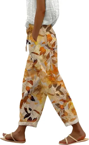 Linen Pants Women Summer Casual Drawstring Pants High Waist Adjustable Knot Loose Casual Trousers Womens Summer