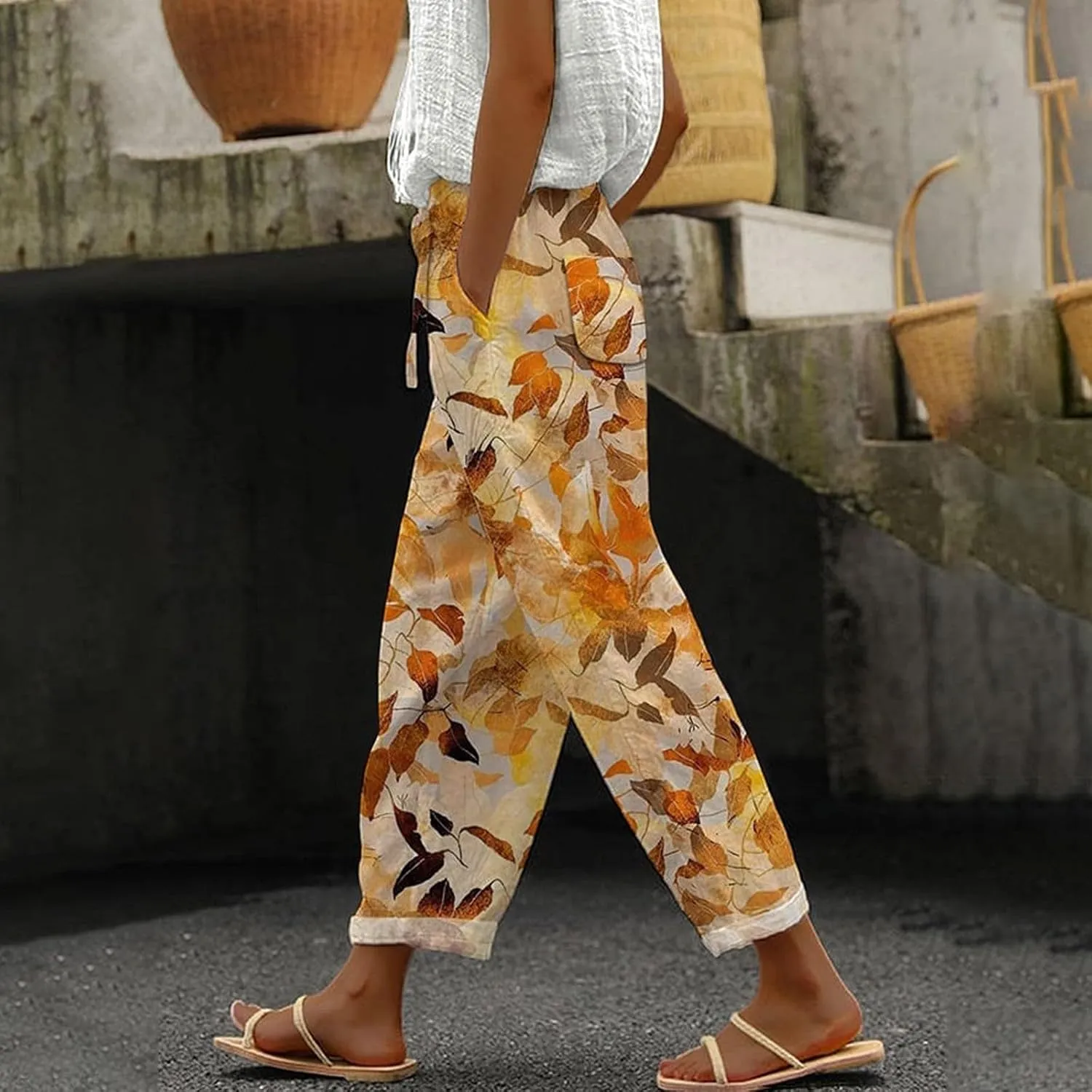 Linen Pants Women Summer Casual Drawstring Pants High Waist Adjustable Knot Loose Casual Trousers Womens Summer