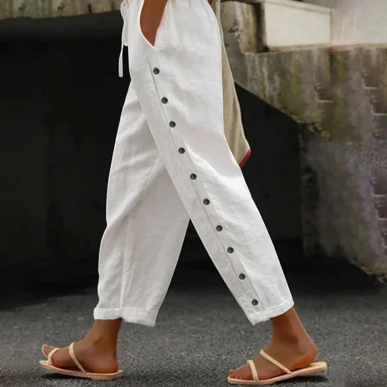 Linen Pants Women Summer Casual Side Button Striped Pants Lightweight Drawstring Guaze Pants Loose Cropped Trousers