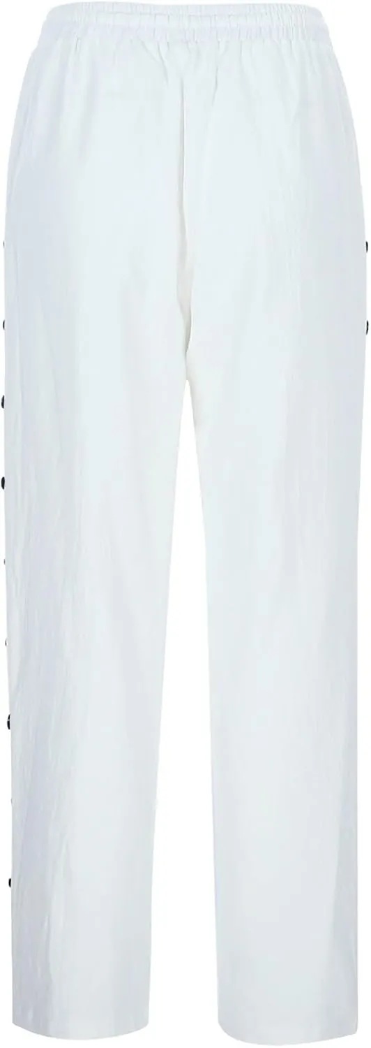 Linen Pants Women Summer Casual Side Button Striped Pants Lightweight Drawstring Guaze Pants Loose Cropped Trousers