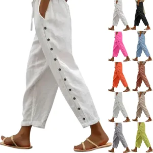 Linen Pants Women Summer Casual Side Button Striped Pants Lightweight Drawstring Guaze Pants Loose Cropped Trousers