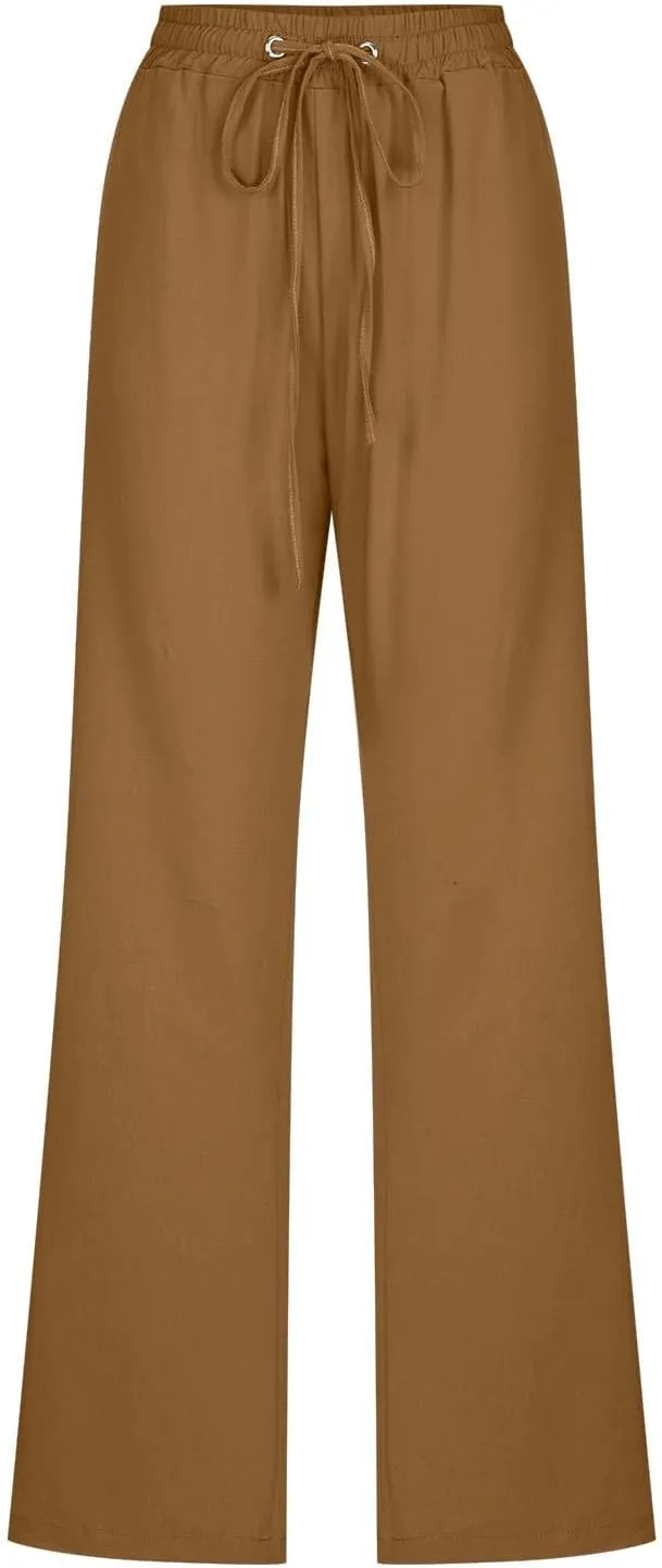 Linen Pants Women Summer Casual Straight Leg Pants Trendy Drawstring Waist Loose Beach Trousers Lounge Palazzo
