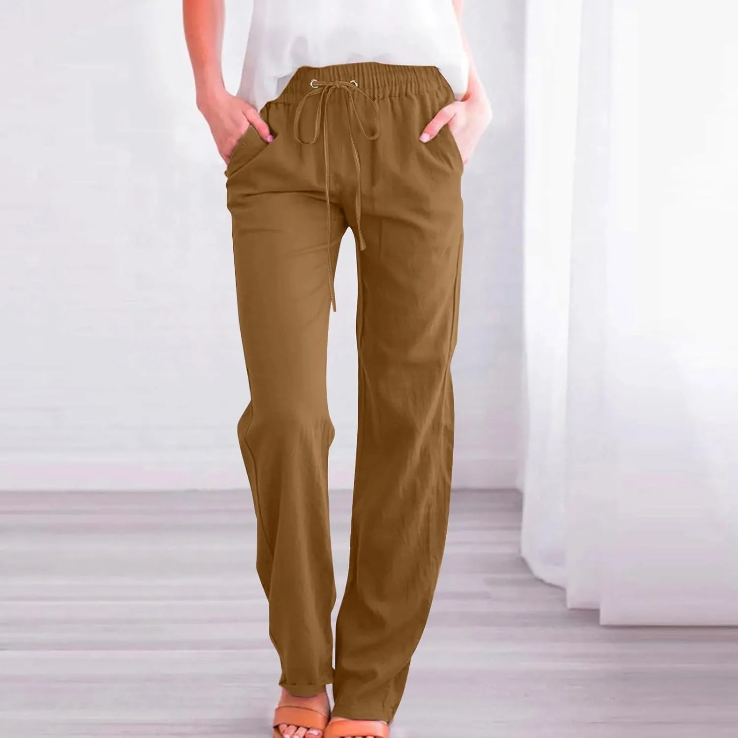 Linen Pants Women Summer Casual Straight Leg Pants Trendy Drawstring Waist Loose Beach Trousers Lounge Palazzo