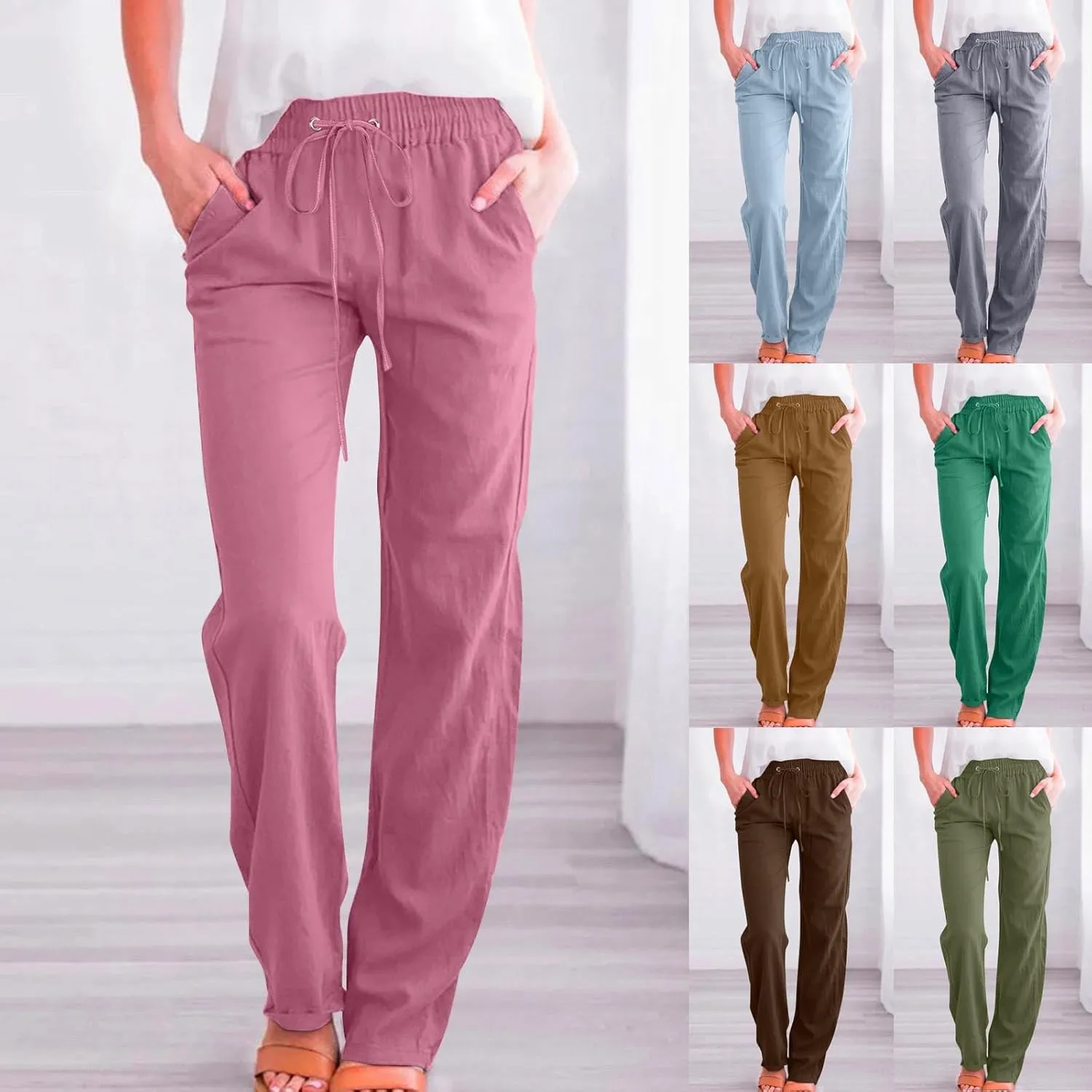 Linen Pants Women Summer Casual Straight Leg Pants Trendy Drawstring Waist Loose Beach Trousers Lounge Palazzo