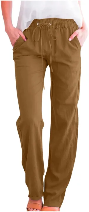 Linen Pants Women Summer Casual Straight Leg Pants Trendy Drawstring Waist Loose Beach Trousers Lounge Palazzo