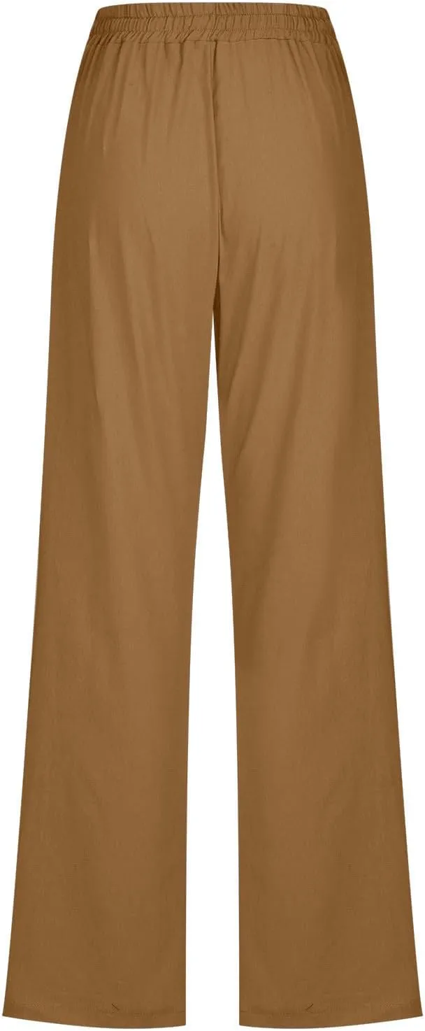 Linen Pants Women Summer Casual Straight Leg Pants Trendy Drawstring Waist Loose Beach Trousers Lounge Palazzo