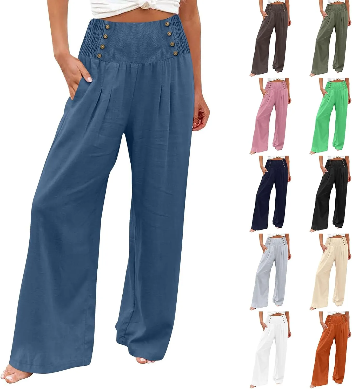 Linen Pants Women Summer Smocked High Waisted Wide Leg Trousers Flowy Beach Boho Palazzo Pants with Pockets