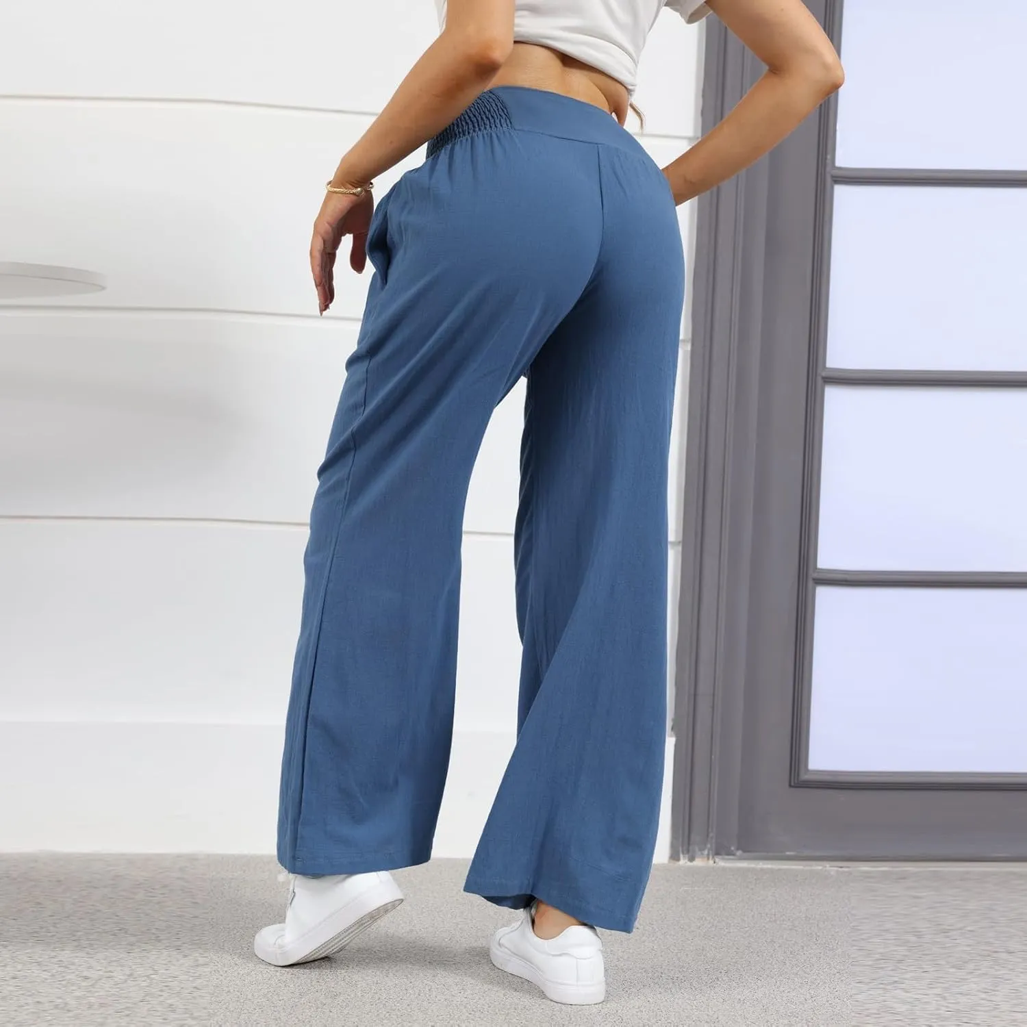 Linen Pants Women Summer Smocked High Waisted Wide Leg Trousers Flowy Beach Boho Palazzo Pants with Pockets