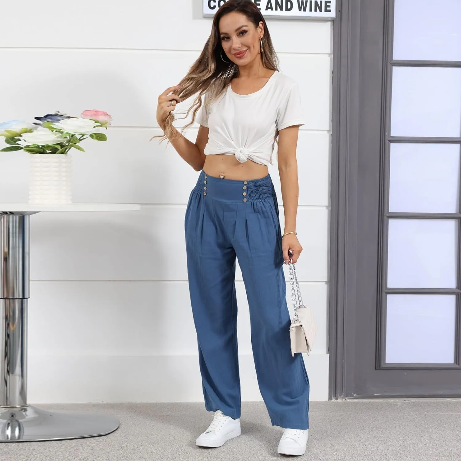 Linen Pants Women Summer Smocked High Waisted Wide Leg Trousers Flowy Beach Boho Palazzo Pants with Pockets