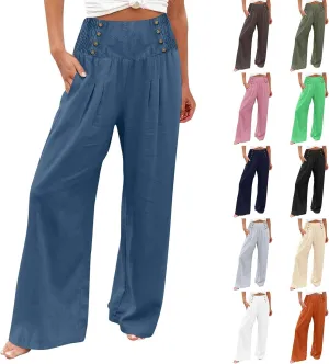 Linen Pants Women Summer Smocked High Waisted Wide Leg Trousers Flowy Beach Boho Palazzo Pants with Pockets