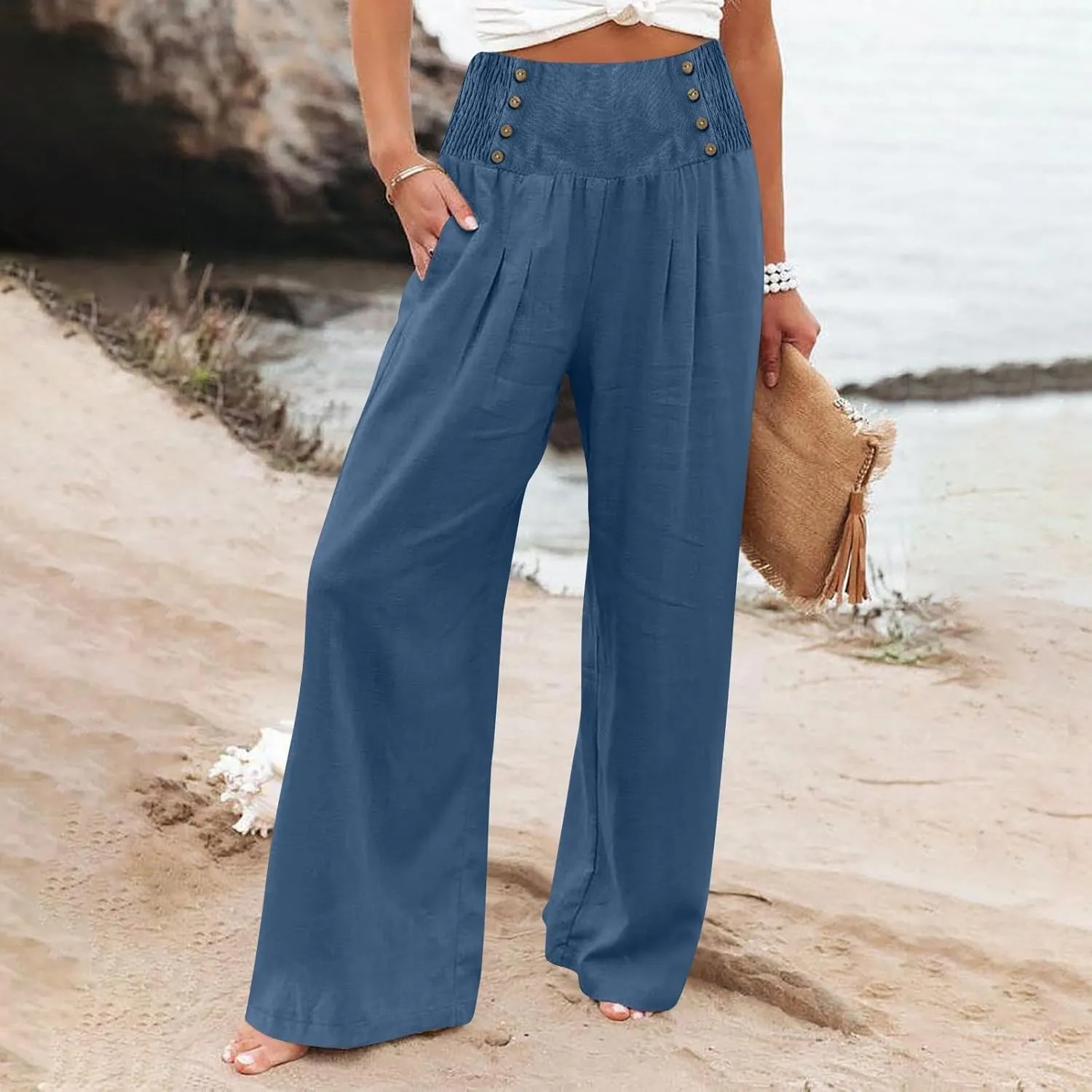 Linen Pants Women Summer Smocked High Waisted Wide Leg Trousers Flowy Beach Boho Palazzo Pants with Pockets