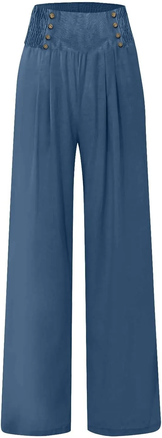 Linen Pants Women Summer Smocked High Waisted Wide Leg Trousers Flowy Beach Boho Palazzo Pants with Pockets