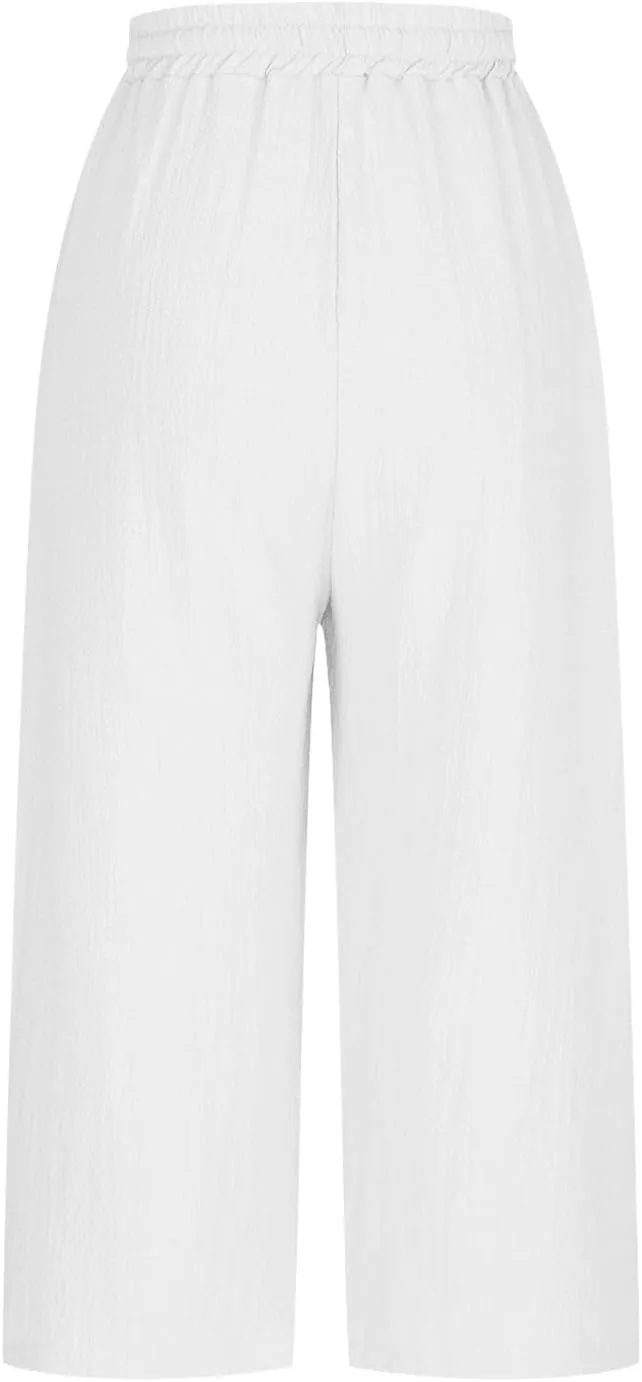 Linen Pants Women Summer Trendy High Waist Drawstring Cropped Pants with Pockets Plus Size Dressy Loose Lounge Trousers