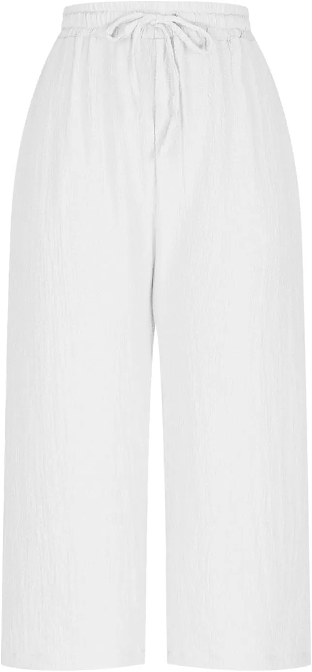 Linen Pants Women Summer Trendy High Waist Drawstring Cropped Pants with Pockets Plus Size Dressy Loose Lounge Trousers