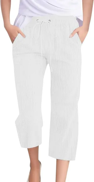 Linen Pants Women Summer Trendy High Waist Drawstring Cropped Pants with Pockets Plus Size Dressy Loose Lounge Trousers