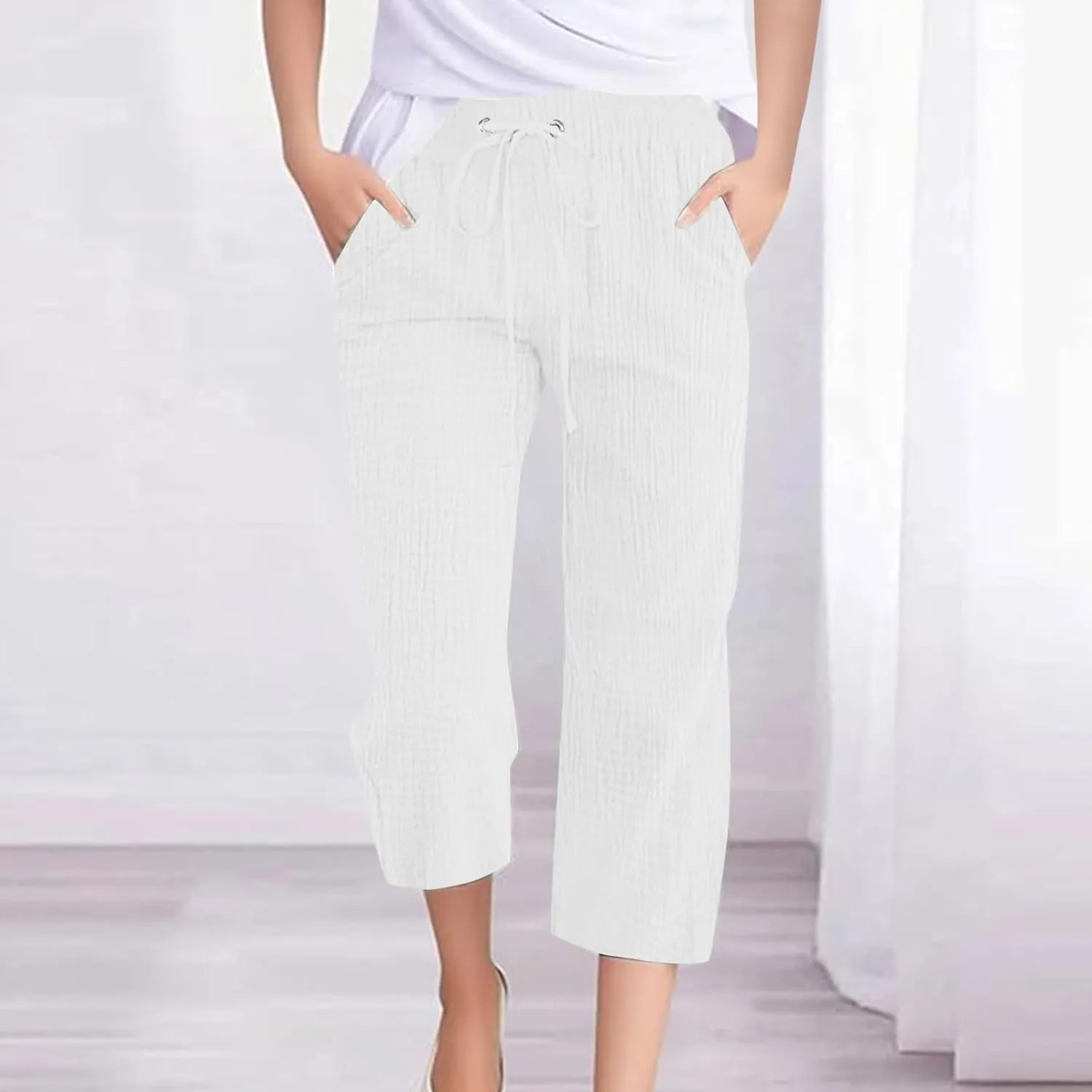 Linen Pants Women Summer Trendy High Waist Drawstring Cropped Pants with Pockets Plus Size Dressy Loose Lounge Trousers