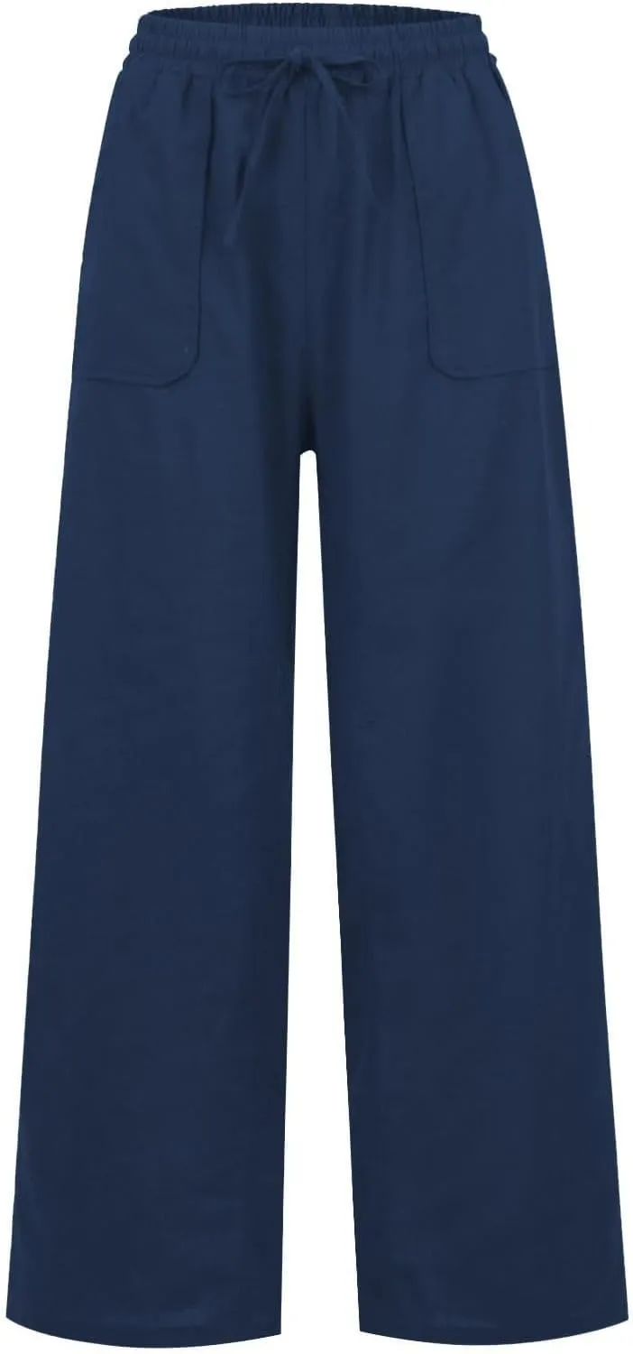 Linen Trousers Women Summer Cotton Palazzo Pants for Womens Dressy Pant Drawstring Woman